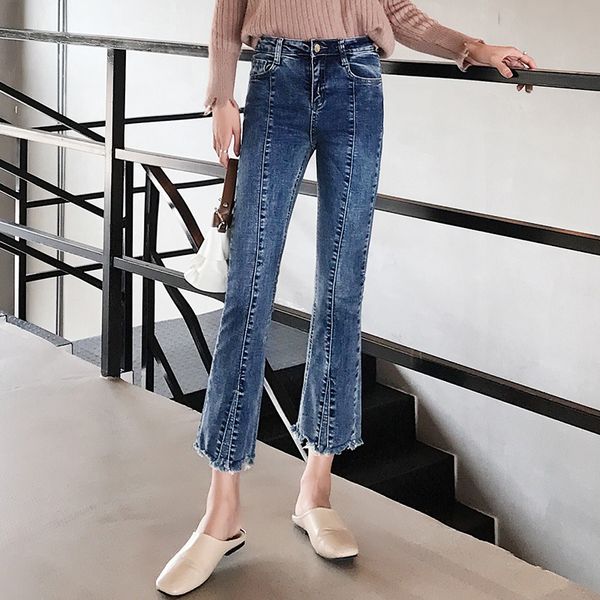 

split flared jeans women's ankle length pants women's streetwear boyfriend high waist elasticity patchwork frayed jeans, Blue