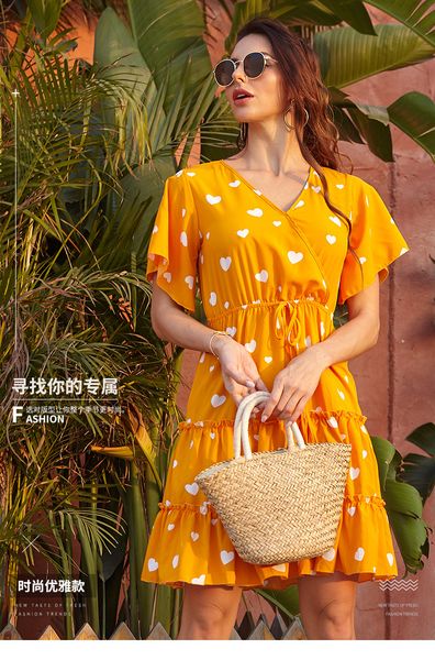 

personalized short-sleeved dress large size yellow floral skirt new 2020 european and american spring small fresh pleated skirt
