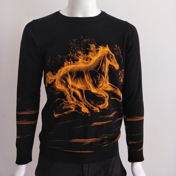 

creative flame fire horse pattern printing knitted pullover sweater autumn 2018 quality cotton boutique luxury sweater men -3xl, White;black