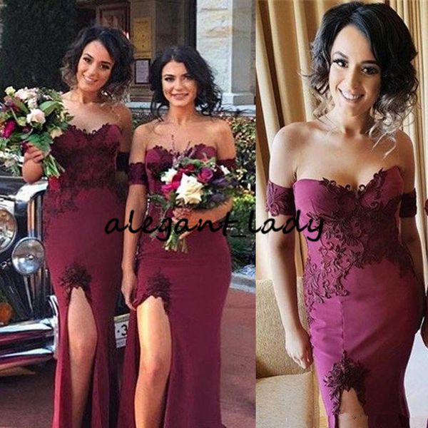 

кружева пятно сплит длинные платья невесты 2019 скромный с плеча бордовый полная длина страна богемный сад подружка невесты платье, White;pink