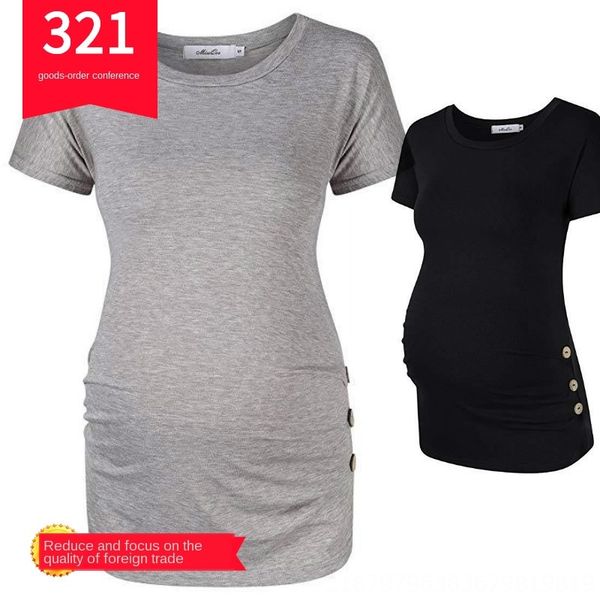 

solid color round collar three-button pullover short sleeve pregnant women's solid color round collar three-button pullover short sleev, White