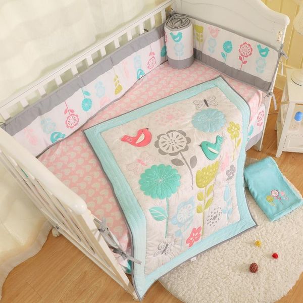 

5pcs/set pink cherry blossom design crib bedding set cotton toddler baby bed linens include baby cot bumpers bed sheet blanke
