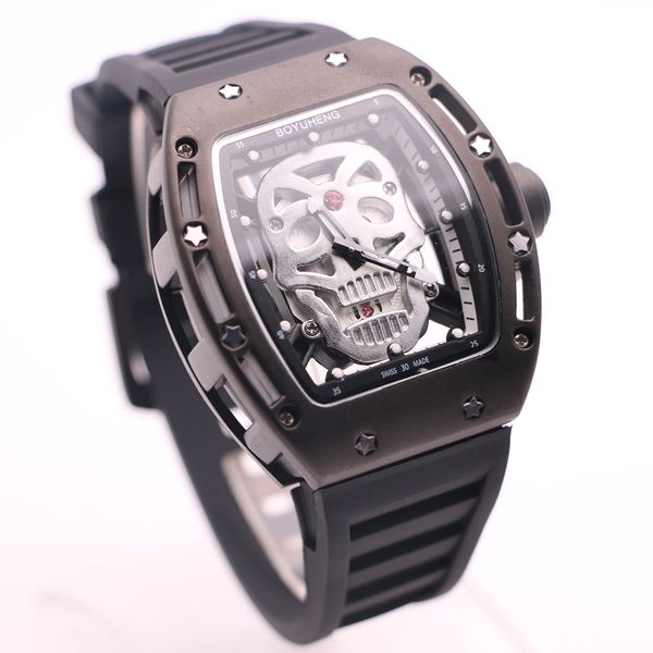 

черный корпус сталь 43mm boyuheng марка часы кварцевые батареи rubber band прозрачный скелет черепа головы мужские часы наручные часы бочка, Slivery;brown