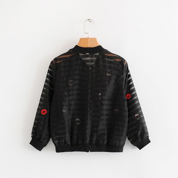 

47dn5-7086 2019 summer new style casual wind women's dress stand collar zipper lip red embroidered coat, Black;brown