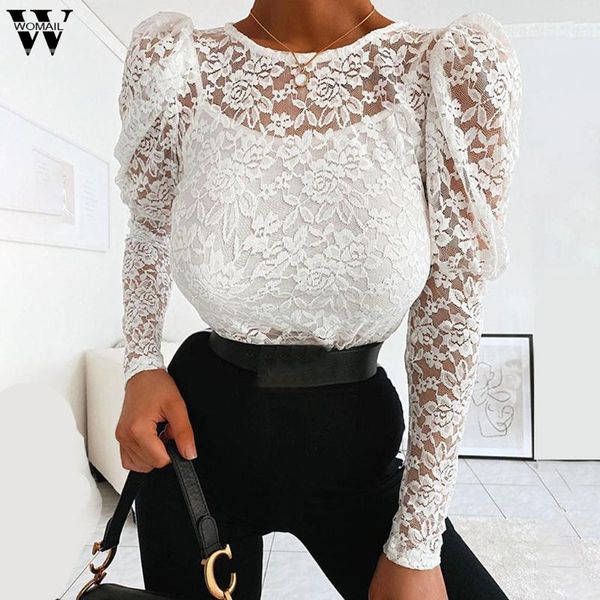 

womail blouse shirt 2020 lace mesh shirt women casual long sleeve chiffon blouse lady office work female blusas club, White