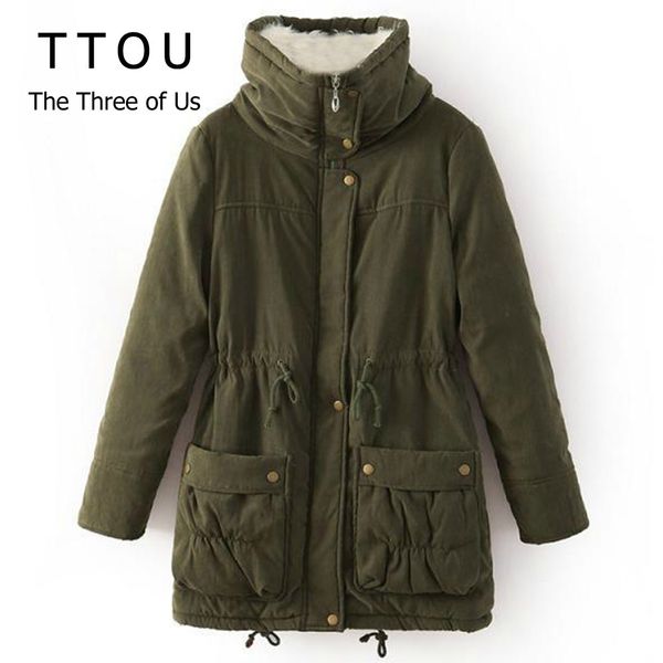 

ttou casual thick cotton coat women hooded winter coat fashion flannel woman denim parkas adjustable windbreaker with hat, Black