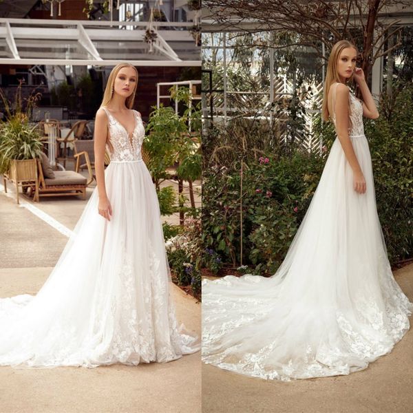 

julie vino 2020 wedding dresses deep v neck lace appliques bridal gowns backless sweep train a-line beach wedding dress, White