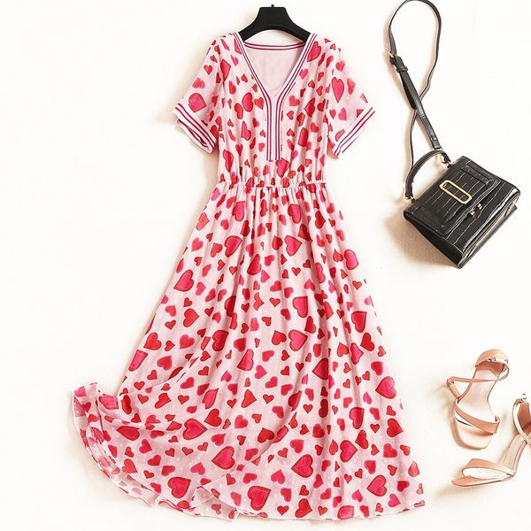 

v short sleeves, long-term love print, waist chiffon dress, Black;gray