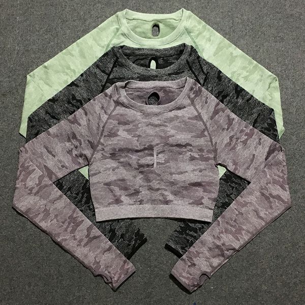 

camo seamless long sleeve crop women sport for gym thick material seamless compression shirt women workout tshirt, White;red