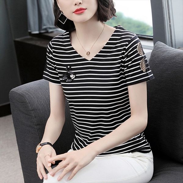 

полосатые женщины короткого рукав 2019v воротник тонкой полый половина рукав t- база рубашки верхней алмазная футболка алмазная моды, White