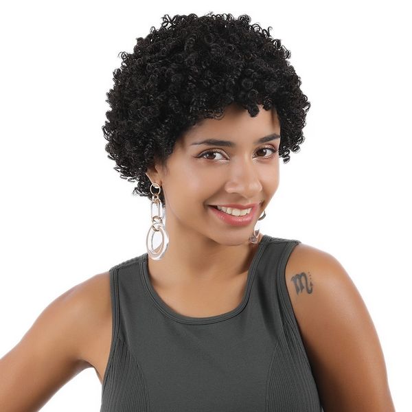 

short afro kinky curly lace front wigs 100% human hair pre plucked malaysian wig with straps swiss lace, Black;brown