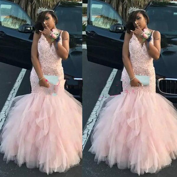 

trendy lace tiered spaghetti african mermaid prom dresses 2020 nigerian applique party evening gowns robe de soiree special occasion, Black