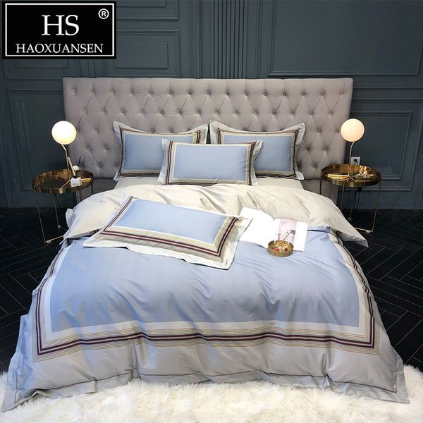 

luxury blue 100% egyptian cotton 4pcs bedding sets striped digital print bed linen set  king size 100s double bed set