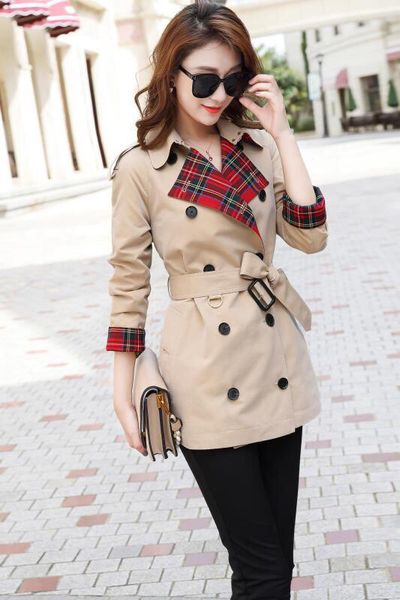 

women's trench coats gabardine short windbreaker belt waterproof new english style autumn winter solid color british loose a19v, Tan;black