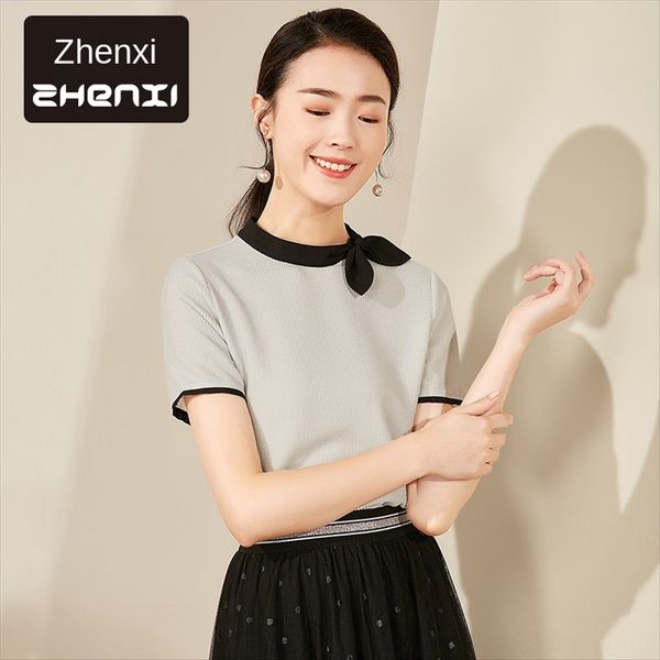 

zhen zhen 2019 temperament bow half-high collar stitching knitted short t-shirt butterfly butterfly sleeve t-shirt s5903, White