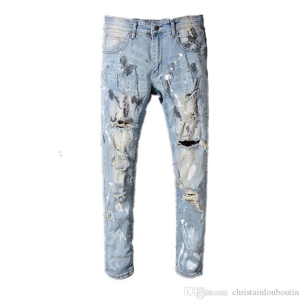 

2019 miri european style brand mens women jeans luxury denim trousers slim straight patchwork blue hole jeans pants