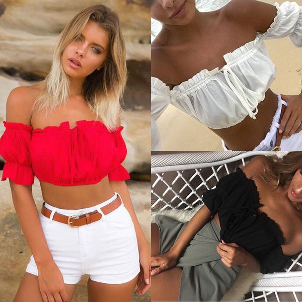 

fashion cute new summer women ladies clothes cotton short sleeve off shoulder slash neck bow ruched solid shirt 3 style, White