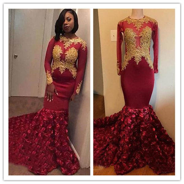 

Burgundy Rose Flowers Mermaid Prom Dresses 2019 Gorgeous Gold Appliques Sheer Long Sleeves Lace Beads African Evening Dress Party Gown