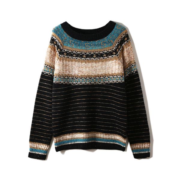 

autumn 2019 new european and american women's wear striped print with long sleeves and round collar knitting sweater, White;black
