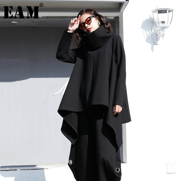 

eam] loose fit asymmetrical oversized sweatshirt new high collar long sleeve women big size fashion autumn winter 2019 1h766, Black