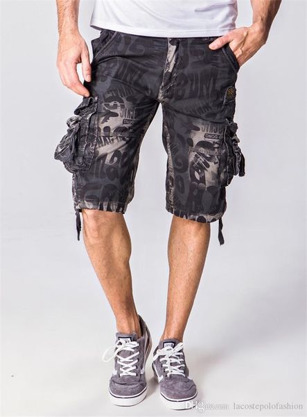 

camouflage print man summer shorts designer baggy overalls with multiple pockets zipper fly casual hemme shorts, White;black