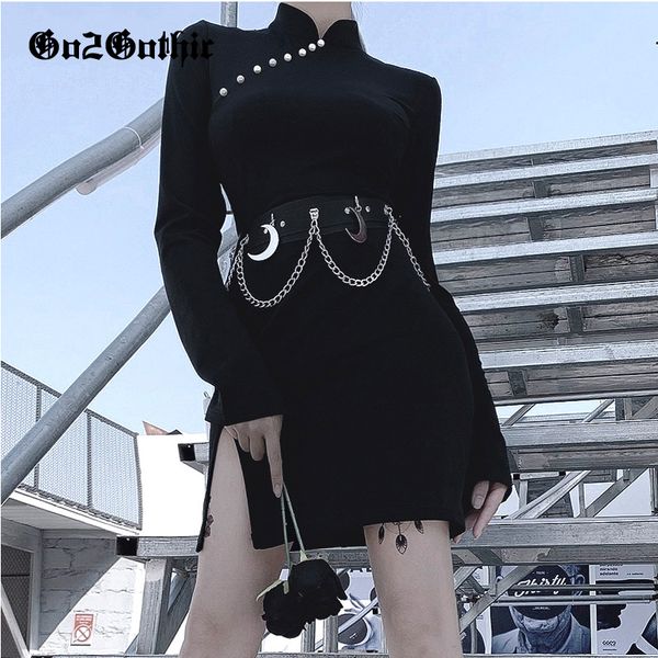 

autumn winter vintage improvement dark cheongsam dress women gothic chic long sleeve split hip pleated dress girls punk, Black;gray