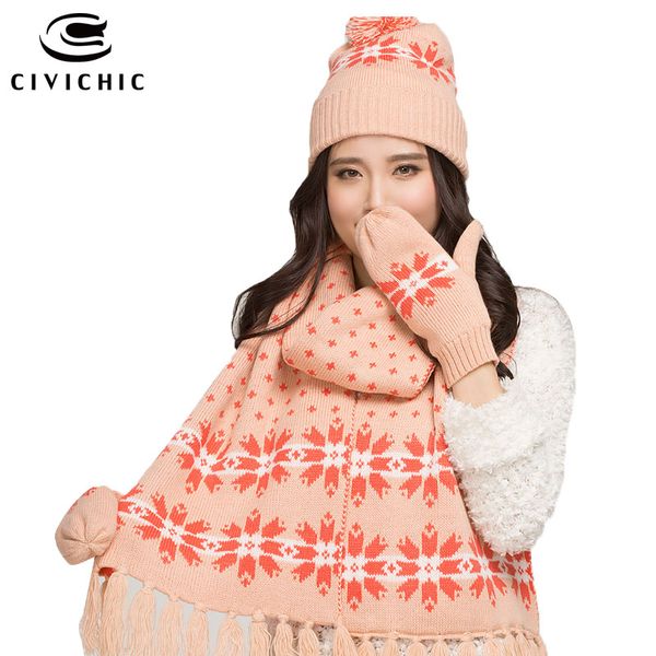 

civichic woman xmas new year gift warm knitted hat scarf glove 3 piece set jacquard thick fleece headwear pompon beanies sh125, Blue;gray