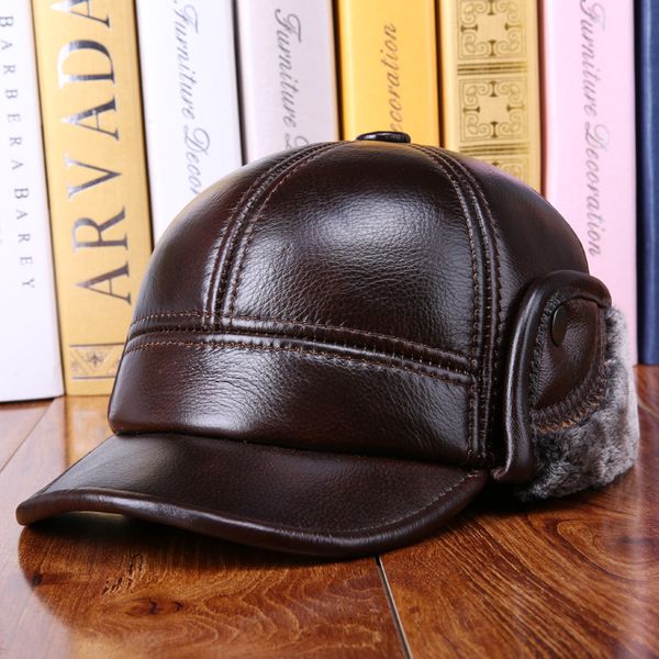 

men's baseball cap autumn and winter cowhide hat elderly warm elderly earmuffs casual leather warm cap b-7257, Blue;gray