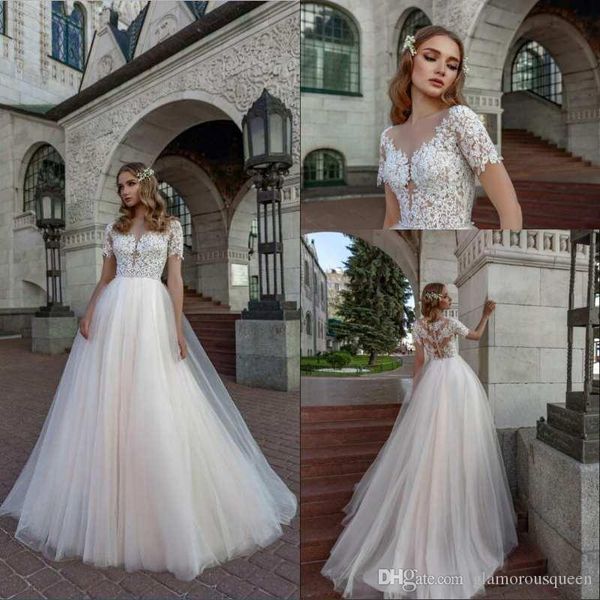 

fast delivery a line jewel sweep train ivory wedding dresses with short sleeve appliques lace wedding bridal gowns, White