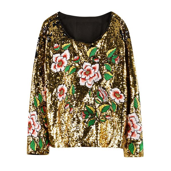 

2019 early spring new heavy work sequins flowers embroidery long-sleeved t-shirt off-shoulder shirt female womens and blouses size s-xl, White