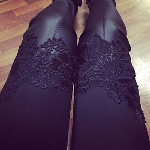 

lace leggings skinny stretch pants triangular lace pu leather pants capris, Black;white