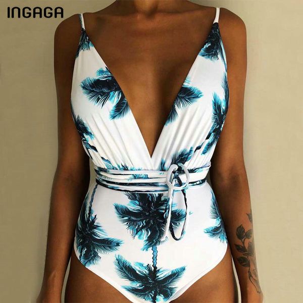 

ingaga deep v-neck one piece swimsuit feamle string swimwear women floral print bathing suit 2019 new backless beachwear, White;black