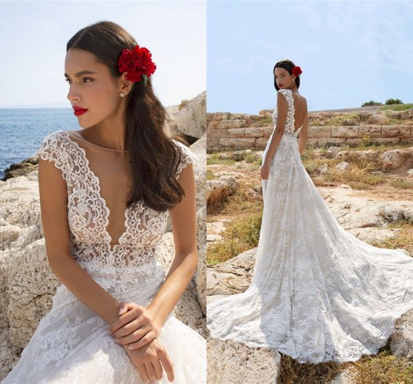 

elegant full lace a-line bohemian wedding dress open back plus size sweep train beach boho bridal gown, White