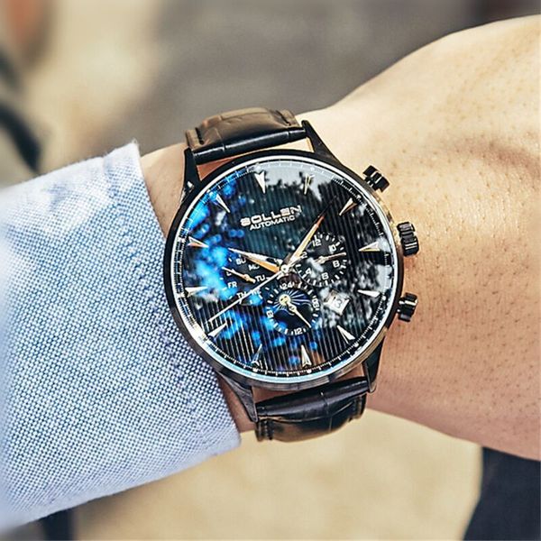 

sollen men's mechanical watch waterproof hollow sport watches men week date clock male genuine leather automatic watch luminous, Slivery;brown