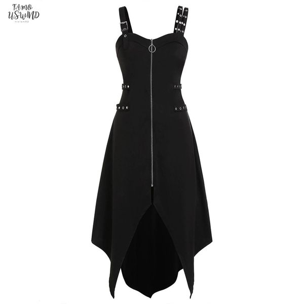 

women gothic vintage black dress punk plus size cool solid zipper irregular hem sleeveless camisole mini dress woman vestidos, Black;gray