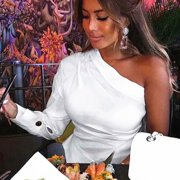 

summer slim blouse shirt women 2019 leaky shoulder shirt personality wild asymmetric pleated shoulder blouse women, White