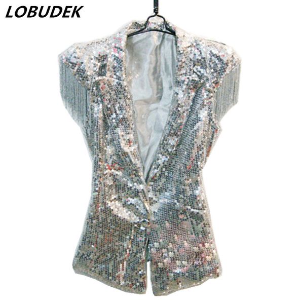 

men women ds singer tassel waistcoat silver gold black sequins vest teams jazz dance stage outfit bar dj hip hop costume coat, Black;white