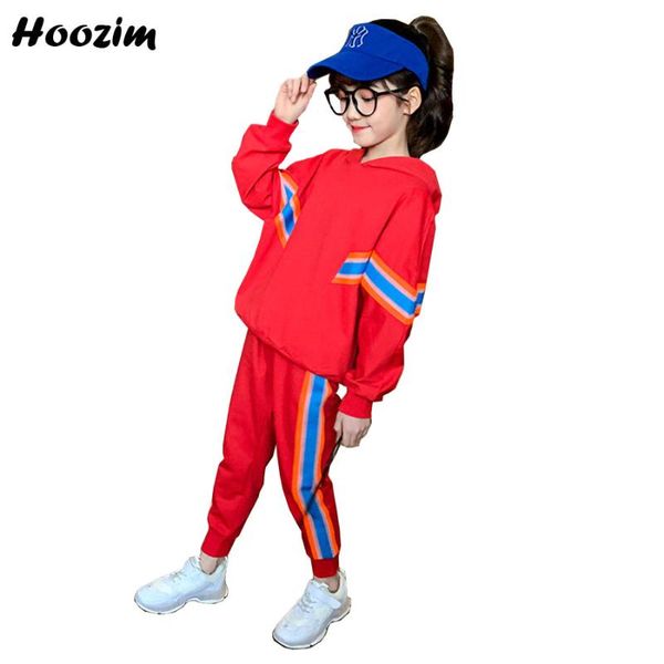 

spring sport suit for girls 4-12 years red hoodie sweatshirt+colorblock striped fitness pants set child fashion girls tracksuit, White