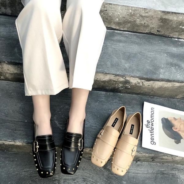 

two-wear square toe flats woman solid leather shoes studes metal buckle loafers brief comfy sewing flat shoes female footwear, Black