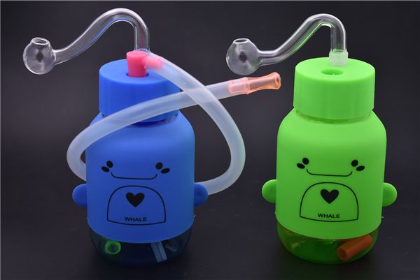 NEUE Cartoon-Wal-Kunststoff-Ölbrenner-Bong-Wasserpfeifen mit 10 mm dickem Pyrex-Glas-Ölbrenner-Rohr aus Silikon zum Rauchen, 2 Stück