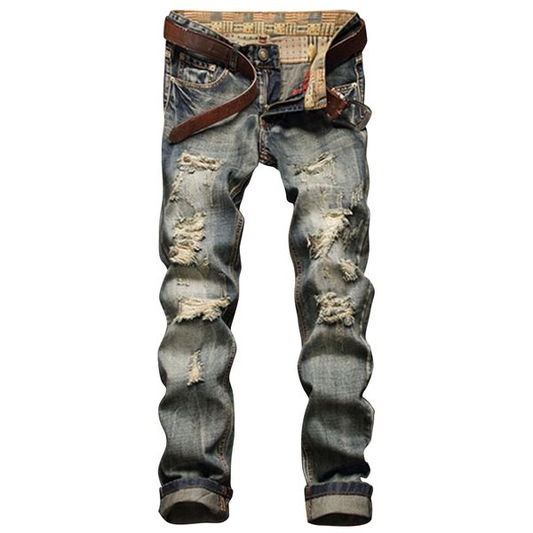 

frayed zipper five-pocket straight leg ripped jeans fashion five-pocket slim fit biker pants trousers, Blue