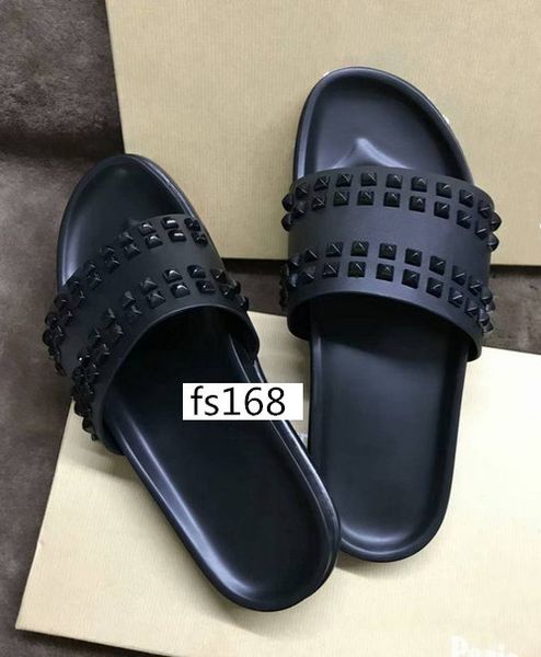 

donna studded red bottom slippers designer red bottoms shoes men rivet spikes flat slipperswith boxs, Black