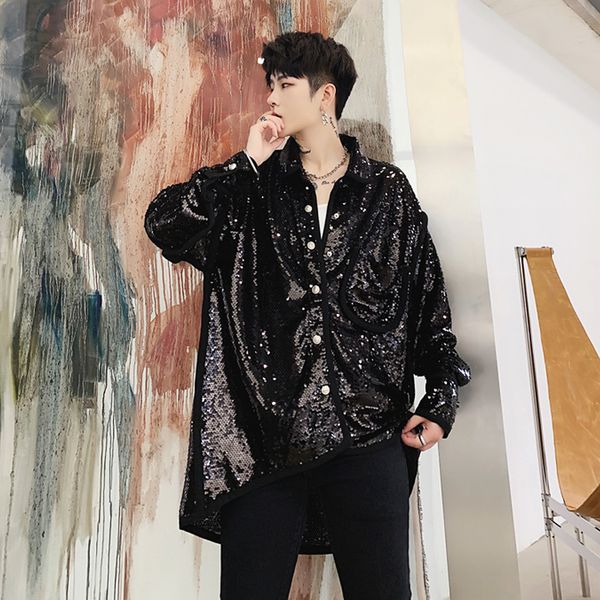 

2019 autumn fashion sequin men long shirt nightclub dj singer stage costume man vintage punk hip hop blouse oversize shirts, White;black