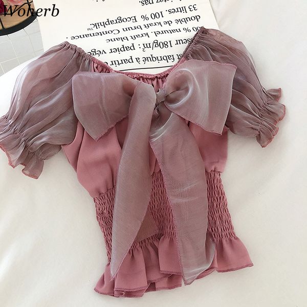 

woherb blusas mujer de moda 2020 марлевый бант лоскутные рубашки слэш шеи слоеный рукав блузка короткие сладкие блузки корейские топы 92579, White