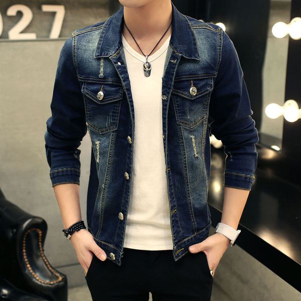 

2019 denim jacket male korean version of the new men's fashion hole jacket young wild slim tide men's t-shirt, Black;brown