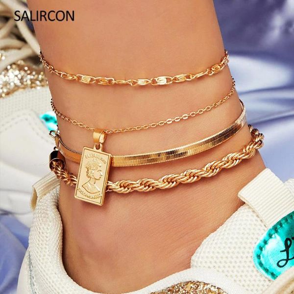 

salircon 4pcs/set punk geometric square carved portrait charm anklet bracelet multi layer snake chain anklet for women jewelry, Red;blue