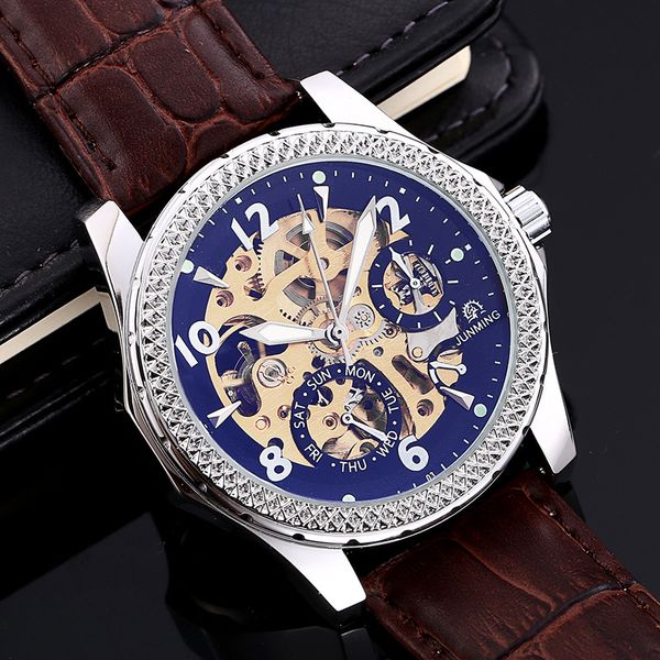 

fashion 42mm blue light mirror dial men's wrist watches casual black leather strap waterproof automatic mechanical men's watches, Slivery;brown
