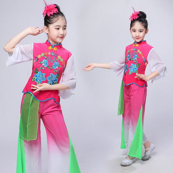 

girls umbrella dance children's fan dance costume girl's yangko traditional chinese costume, Black;red