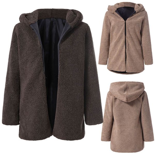 

fashionable solid color female fashion coat zipper plush winter hooded long sleeve warm outwear bewomen coat winter wool, Black;white