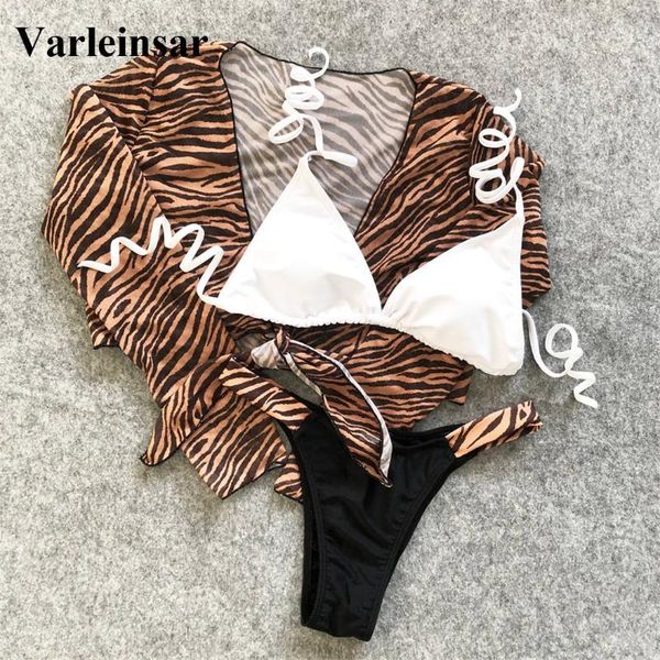 

2020 zebra full sleeve bikini women swimwear female swimsuit three-pieces bikini set long sleeve thong bather bathing suit v2132